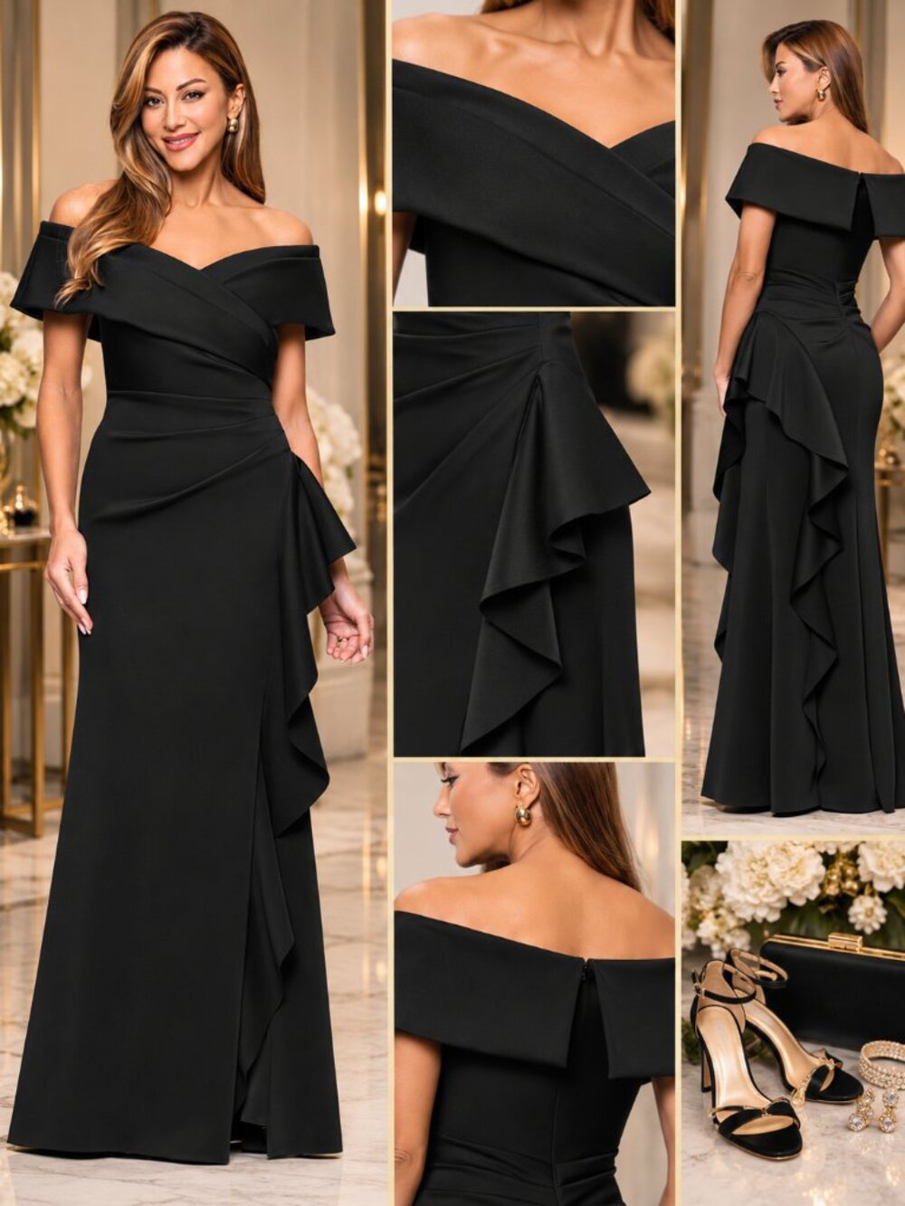 XSCAPE Black Size 8 Off Shoulder Ruffle Draped Formal Gown Maxi Dress NWT